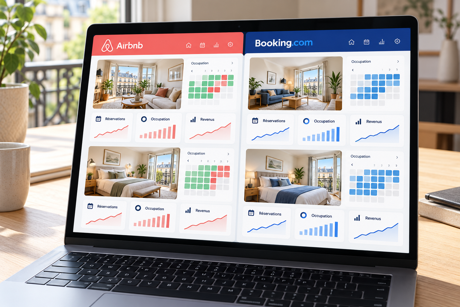 Ordinateur présentant un tableau de bord locatif Airbnb et Booking.com avec logements, calendriers et graphiques ascendants